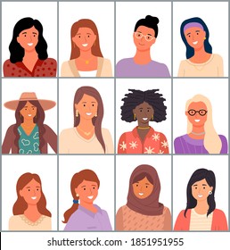 Set of avatars in flat design style. Positive young girl different nationalities. Stylish female faces and shoulders avatars. Portrait of cool students with different skin colors and hairstyles