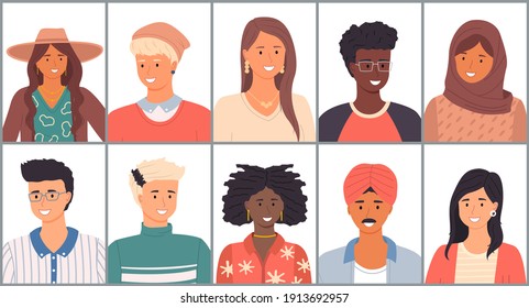 Set of avatars in flat design style. Positive young people different nationalities. Stylish person faces and shoulders avatars. Portrait of cool students with different skin colors and hairstyles