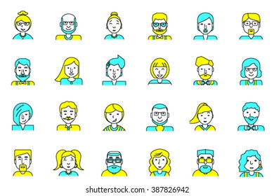 Set of avatars. Flat style. Line colorful icons collection of people for profile page, social network, social media, website and mobile website apps. different age, professional human occupation.