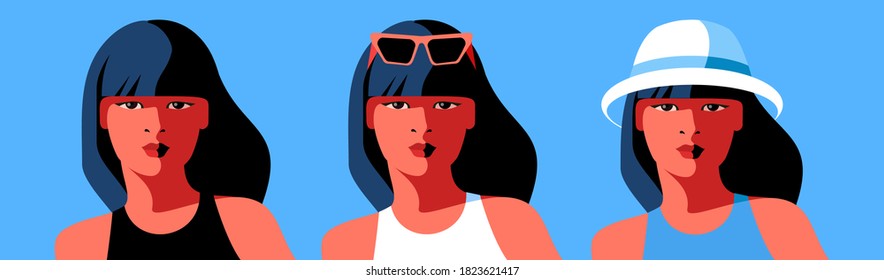 Set of avatars, full face portraits of Asian girl. Female character with long hair, in summer dress, hat and sunglasses. Vector illustration