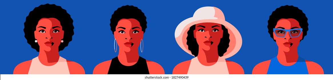 Set of avatars, full face portraits of young African girl. Female character with different hairstyles, hat and sunglasses. Vector illustration