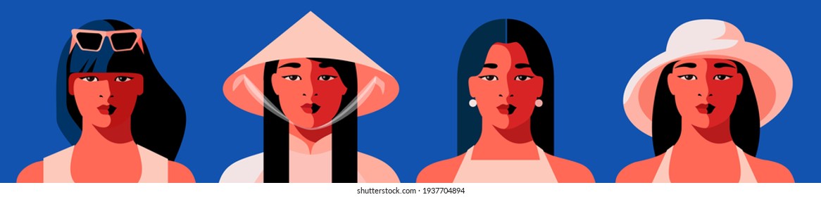 Set of avatars. Full face portraits of young Asian girls. Female characters with different hairstyles, in sunglasses, in modern hat and traditional conical straw hat. Vector illustration