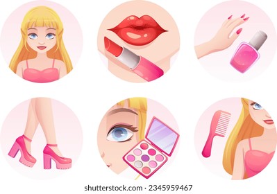 Set of avatars, game icons with pink trend doll and care cosmetics. Self-care, makeup, lipstick, nail polish. Beauty guidance. Vector illustration in cartoon style, garish vector