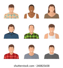 Set of avatars of handsome guys. Men in simple home clothing like shirts or t-shirts.