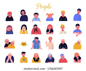 Set of avatars of happy people of different age. Portraits of men and women. Vector illustration in cartoon style.