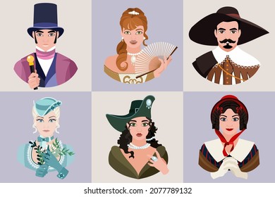 Set of avatars of historical costumes of high society for men and women. Historical costume. Flat vector illustration.