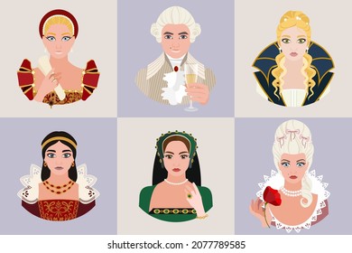 Set of avatars of historical costumes of high society for men and women. Historical costume. Flat vector illustration.