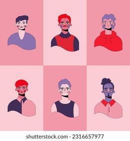 Set of avatars icons of men faces. Diversity characters for social media, user profile, app design, websites. Cartoon vector illustration of men and women. 