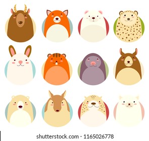 Set of avatars icons in naive hand drawn style with cute animals in retro pastel colors. EPS8