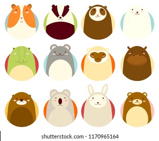 Set of avatars icons in naive hand drawn style with cute animals in retro pastel colors. EPS8