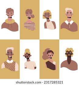 Set of avatars icons of people faces. Diversity characters for social media, user profile, app design, websites. Cartoon vector illustration of men and women. 