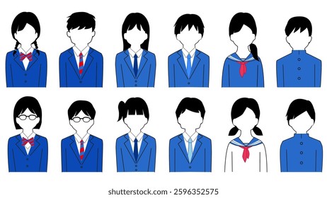 A set of avatars of Japanese male and female students. No facial expressions.