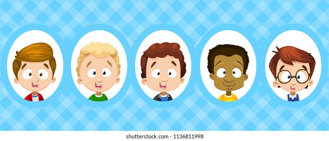 Set of avatars of little boys. Vector illustration. Cute school boys avatars