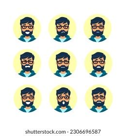 Set of avatars of man with short asymmetrical haircut on black hair with different emotions