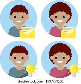 Set of avatars of man and woman in circle for social network. Conception of idea and light bulb. Delivery of letters and messages. Yellow envelope icon. African guy and young girl. Human head