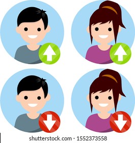 Set of avatars of man and woman in circle for social network. Human head. Rise and fall icon. Red and green Arrow up and down. Statistics, top and ranking. Flat cartoon. Young boy and girl.