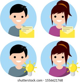 Set of avatars of man and woman in circle for social network. Delivery of letters and messages. Yellow envelope icon. guy and young girl. Human head. Conception of idea and light bulb. Flat Cartoon