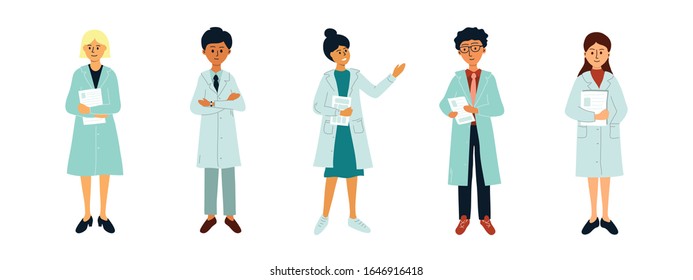 Set of avatars of medical specialists on white background. Isolated characters of female and male medicine workers. Group of doctors. Vector illustration of hospital staff, healthcare professionals.