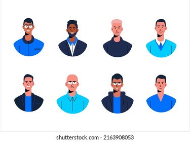 Set with avatars of men of different appearance and nationality. Flat vector illustration.