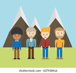 set avatars men of different diversity over beautiful landscape