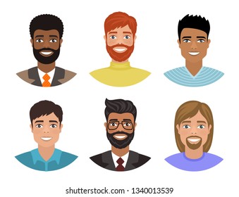 Set of avatars with men of different nations. Various hair, eyes and skin colors. Smiling funny guys. Multi ethnic group of people Cartoon portraits isolated on white background. Flat style. Vector.