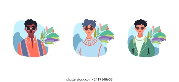 Set of avatars for men. Folk retro. Cute anime characters. Cartoon Vector illustration.