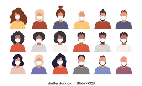 A set of avatars of men and women in protective medical masks. Boy and girls icons in flat style. Vector.