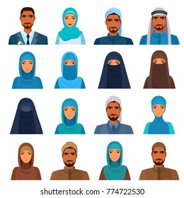 Set of avatars of middle east people. Men and women heads with shoulders, faces. Arabic, Muslim, Islam. Traditional clothing, suits, formal outfits, costume. Headscarf, headwear, headdress variations.