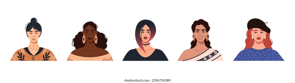 A set of avatars of modern multicultural multinational women with different hairstyles. Portraits of young women of different races. Bright vector illustration in a flat style