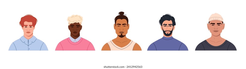 A set of avatars of modern multicultural multinational men with different hairstyles. Portraits of young men of different races for social networks. Bright vector illustration in a flat style