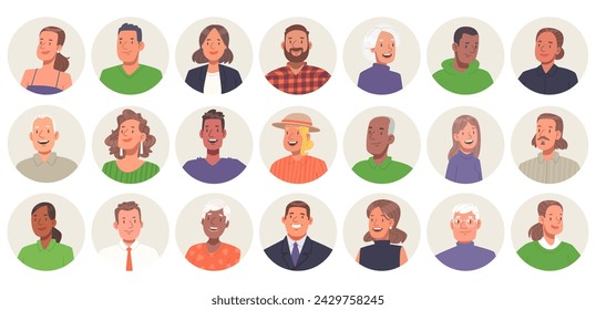 Set of avatars of multicultural men and women of different ages in a circle. Vector illustration in flat style