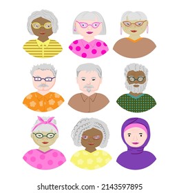 A set of avatars for nice people. A diverse group of young men and women. People of different races with gray hair. Flat style vector illustration.