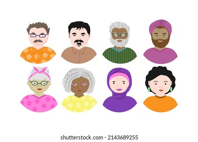 A set of avatars for nice people. A diverse group of young men and women. People of different races. Flat style vector illustration.