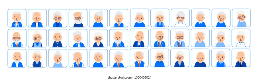 Set avatars old people. Illustrations of heads of elderly people in rounded squares. Symbols aged faces. Illustration of people characters isolated on white background in flat style.