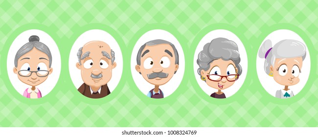 Set of avatars of old senior people. Vector illustration. Grandparents avatars