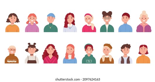 Set of avatars on a white background. A set of smiling faces of boys and girls with different hairstyles, skin color and ethnicity.
