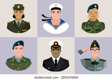 A set of avatars of people in different military uniforms. Military. Vector flat illustration.