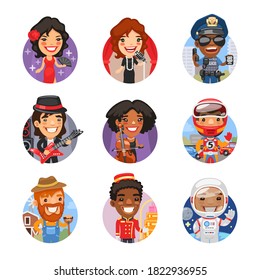 Set of avatars with people of different professions. Dancer, singer, police officer, guitarist, cellist, racer, farmer, porter, astronaut. Flat style cartoon characters. Isolated on white background.