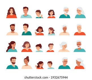 Set of avatars of people. Diverse smiling men, women and children of different ages and nationalities. Family portraits. Collection of isolated vector illustrations.