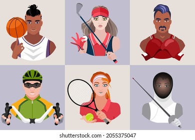 A set of avatars of people doing different kinds of sports. Athletes. Basketball player, golfer, boxer, cyclist, tennis player and fencer. Vector flat illustration.