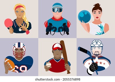 A set of avatars of people doing different kinds of sports. Athletes. Ping Pong, skier, gymnast, ice hockey player, baseball player and American football player. Vector flat illustration.