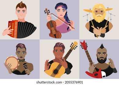 A set of avatars of people playing different musical instruments. Musicians. Bayan player, violinist, guitarist, bass player, drummer and vocalist. Vector flat illustration.