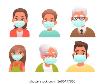 Set of avatars of people in protective medical masks. Boy, girl, man, woman, grandfather and grandmother are protected from the virus or air pollution. Vector illustration in cartoon style