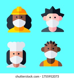 Set of avatars of people in protective medical masks. Boy, girl, man, woman, grandfather and grandmother are protected from the virus or air pollution. Vector illustration in cartoon style