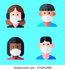 Set of avatars of people in protective medical masks. Boy, girl, man, woman, grandfather and grandmother are protected from the virus or air pollution. Vector illustration in cartoon style