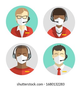 Set of avatars of people. Remote workers in protective masks. Call center workers. Protection during an epidemic and pandemic. Flat icon set