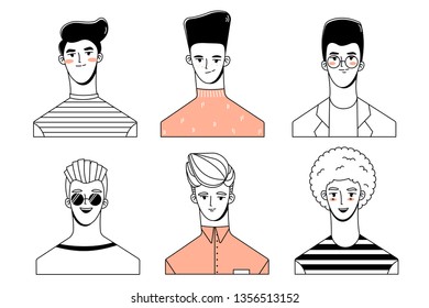 A set of avatars. Portrait of a guy. Icons with the image of young guys in retro style.