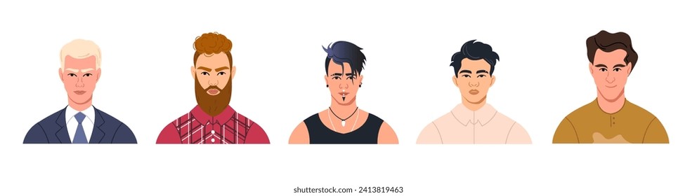 A set of avatars, portraits, and faces of modern men of different nationalities. Portraits of young people for a social media profile. Bright vector illustration in a flat style