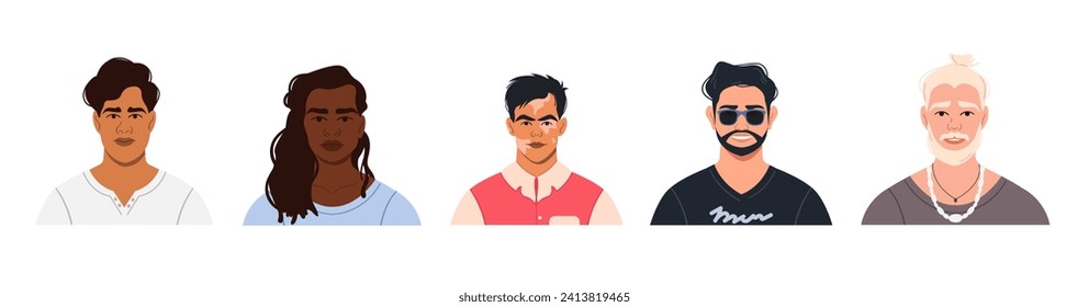 A set of avatars, portraits, and faces of modern stylish men of different nationalities. Portraits of young people of different appearance for a social media profile. Vector illustration. Flat sty