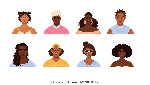 A set of avatars, portraits, and faces of modern stylish African American men and women. Portraits of male and female characters of different appearance. Bright vector illustration in a flat style